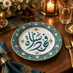 Ramadan Decorative Charger Plate – Calligraphy Star Medallion full-print plastic serving tray shown in a styled room scene.