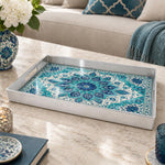 Ramadan & Eid al-Fitr Plastic Serving Tray – Azure Bloom Tilework plastic serving tray shown in a rectangular product view.
