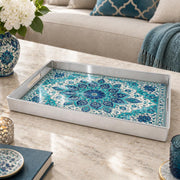 Ramadan & Eid al-Fitr Plastic Serving Tray – Azure Bloom Tilework plastic serving tray shown in a rectangular product view.