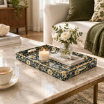 Ramadan Decorative Plastic Serving Tray – Navy Daisy Trellis full-print plastic serving tray shown in a styled room scene.