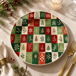 Tree and Snowflake Checkerboard Quilt Christmas Charger Plate - MintiHome