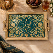 Teal and cream tray with gold trim featuring a lobed Arabic calligraphy panel and floral vines
