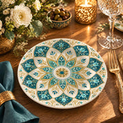 Ramadan Decorative Charger Plate – Teal Gold Lotus Mandala full-print plastic serving tray shown in a styled room scene.