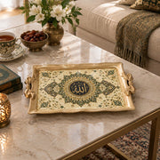 Cream and forest green tray with gold trim featuring a sunburst calligraphy medallion and rosettes