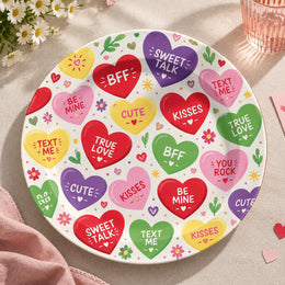 Valentine's Day Decorative Charger Plate – Conversation Heart Candy full-print plastic serving tray shown in a product view.