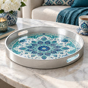 Ramadan & Eid al-Fitr Plastic Serving Tray – Azure Bloom Tilework plastic serving tray shown in a round product view.