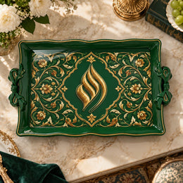 Dark green tray with gold trim featuring a gilded flame ornament in a lobed arch frame of floral scrollwork