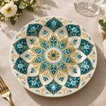 Ramadan Decorative Charger Plate – Teal Gold Lotus Mandala full-print plastic serving tray shown in a product view.