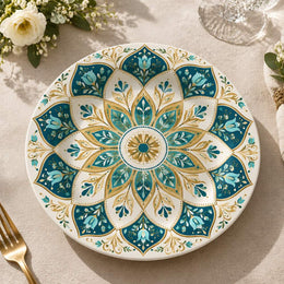 Ramadan Decorative Charger Plate – Teal Gold Lotus Mandala full-print plastic serving tray shown in a product view.