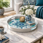 Ramadan & Eid al-Fitr Plastic Serving Tray – Azure Bloom Tilework plastic serving tray shown in a round styled scene.