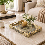 Ramadan Decorative Plastic Serving Tray – Cream Teardrop Script full-print plastic serving tray shown in a styled room scene.