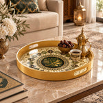 Ramadan & Eid al-Fitr Plastic Serving Tray – Rosette Calligraphy Ring plastic serving tray shown in a round styled scene.