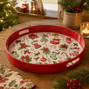 Poinsettia Stocking Stripe Christmas Plastic Serving Tray, Red Rim - MintiHome