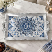 Silver white tray with gold trim featuring a calligraphy medallion in layered cobalt lotus petals