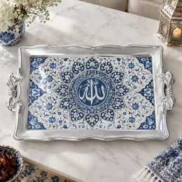 Silver white tray with gold trim featuring a calligraphy medallion in layered cobalt lotus petals