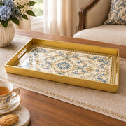 Ramadan & Eid al-Fitr Plastic Serving Tray – Blue Damask Rosette plastic serving tray shown in a rectangular product view.