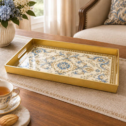 Ramadan & Eid al-Fitr Plastic Serving Tray – Blue Damask Rosette plastic serving tray shown in a rectangular product view.