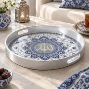 Ramadan & Eid al-Fitr Plastic Serving Tray – Arabesque Tile Roundel plastic serving tray shown in a round product view.