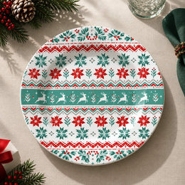 Christmas Decorative Charger Plate – Teal Nordic Poinsettia full-print plastic serving tray shown in a product view.