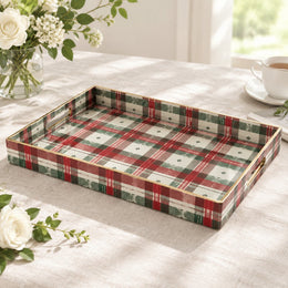Christmas Decorative Plastic Serving Tray – Woven Tartan Check full-print plastic serving tray shown in a product view.
