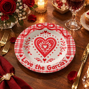 Valentine's Day Decorative Charger Plate – Plaid Heart Monogram full-print plastic serving tray shown in a styled room scene.