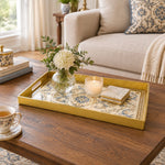 Ramadan & Eid al-Fitr Plastic Serving Tray – Blue Damask Rosette plastic serving tray shown in a rectangular styled scene.