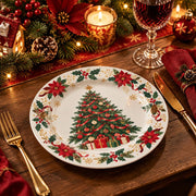 Christmas Decorative Charger Plate – Poinsettia Border full-print plastic serving tray shown in a styled room scene.