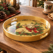 Christmas Decorative Serving Tray – Christmas Lamb And Bow plastic serving tray shown in a round product view.