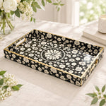 Ramadan Decorative Plastic Serving Tray – Black White Blossom Rosette full-print plastic serving tray shown in a product view.
