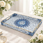 Ramadan Decorative Plastic Serving Tray – Indigo Tile Calligraphy full-print plastic serving tray shown in a product view.