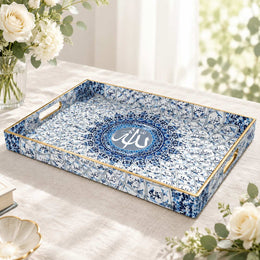 Ramadan Decorative Plastic Serving Tray – Indigo Tile Calligraphy full-print plastic serving tray shown in a product view.