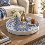 Ramadan & Eid al-Fitr Plastic Serving Tray – Arabesque Tile Roundel plastic serving tray shown in a round styled scene.
