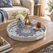 Ramadan & Eid al-Fitr Plastic Serving Tray – Arabesque Tile Roundel plastic serving tray shown in a round styled scene.