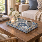 Ramadan Decorative Plastic Serving Tray – Porcelain Mandala Border full-print plastic serving tray shown in a styled room scene.
