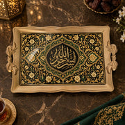 Black and sage tray with gold trim featuring a calligraphy cartouche amid intertwined floral vines