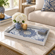 Ramadan & Eid al-Fitr Plastic Serving Tray – Arabesque Tile Roundel plastic serving tray shown in a rectangular styled scene.