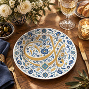 Ramadan Decorative Charger Plate – Iznik Tulip Rosette full-print plastic serving tray shown in a styled room scene.