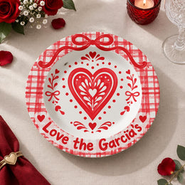 Valentine's Day Decorative Charger Plate – Plaid Heart Monogram full-print plastic serving tray shown in a product view.