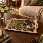 Black and sage tray with gold trim featuring a calligraphy cartouche amid intertwined floral vines