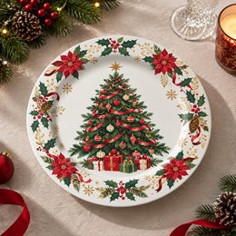 Christmas Decorative Charger Plate – Poinsettia Border full-print plastic serving tray shown in a product view.