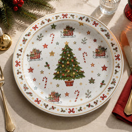 White Christmas Charger Plate with Gingerbread Folk Icons and Stars - MintiHome