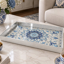 Ramadan & Eid al-Fitr Plastic Serving Tray – Cobalt Pearl Rosette plastic serving tray shown in a rectangular product view.