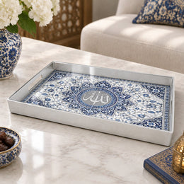 Ramadan & Eid al-Fitr Plastic Serving Tray – Arabesque Tile Roundel plastic serving tray shown in a rectangular product view.