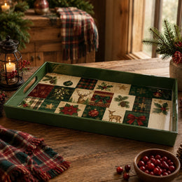 Christmas Vintage Patchwork Plastic Tray – Deer Poinsettia Ornament - MintiHome