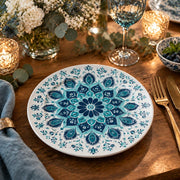 Ramadan Decorative Charger Plate – Layered Petal Rosette Mandala full-print plastic serving tray shown in a styled room scene.