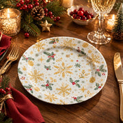 Christmas Decorative Charger Plate – Gold Snowflake Holly full-print plastic serving tray shown in a styled room scene.