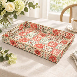 Daily Decorative Plastic Serving Tray – Red Green Floral Tile - MintiHome