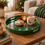 Christmas Decorative Serving Tray – Fair Isle Snowflake plastic serving tray shown in a round styled scene.