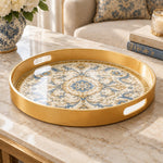 Ramadan & Eid al-Fitr Plastic Serving Tray – Blue Damask Rosette plastic serving tray shown in a round product view.