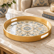 Ramadan & Eid al-Fitr Plastic Serving Tray – Blue Damask Rosette plastic serving tray shown in a round product view.